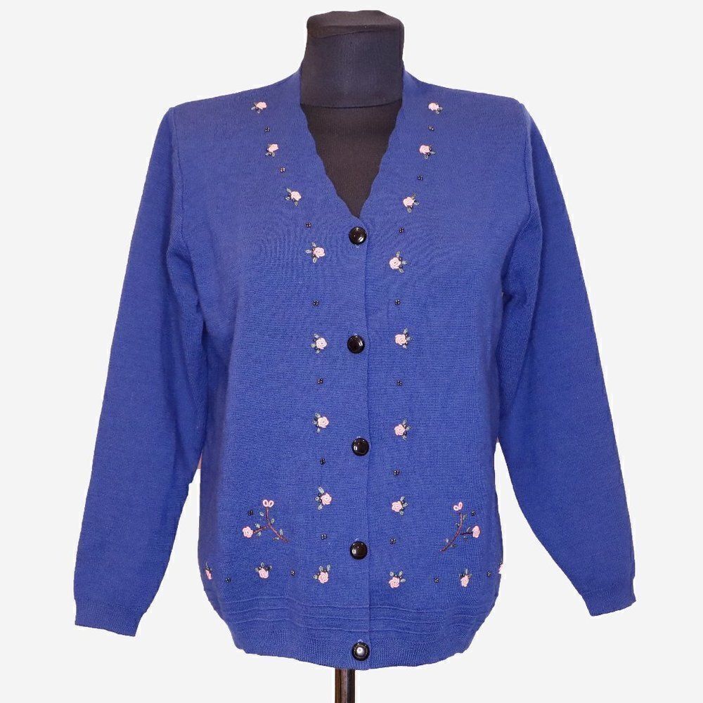 Vintage V-Neck Cobalt Blue Embroidered Cardigan Sweater.
